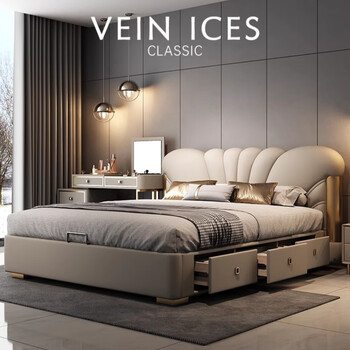 Ticilan light luxury italian style 1.8m 2m master bedroom petal leather double soft bed french modern simple 2.2m wedding bed single bed + cloud sense independent pocket spring mattress + 1 cabinet 1.8*2.0m frame three drawers