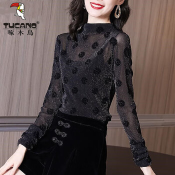 Woodpecker half turtle collar bottoming shirt women's 2024 spring and autumn new fashionable shirt long sleeve women's outerwear thin lace shirt black thin/style free suspender l (recommended 105-115 catties)