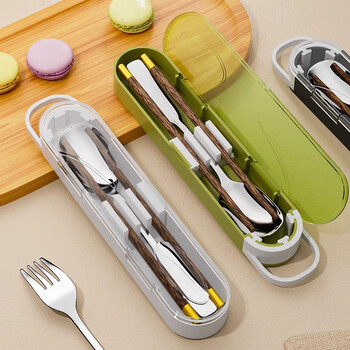 Mud quality chopsticks and spoon set, three-piece set of stainless steel portable tableware storage box for students, office workers, and school, simple white-three-piece set, chopsticks + spoon + storage box