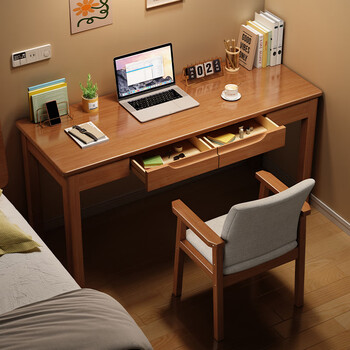 Weibosi solid wood desk and chair combination home office desk simple computer table small apartment living room bedroom study desk walnut color single table imported solid wood 120x55x75cm double drawers
