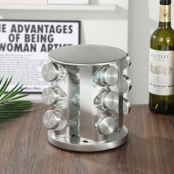 Japanese kitchen table countertop rotating seasoning jar high-end stainless steel salt jar five-spice powder storage rack combination set silver round 12 heads 18.5*18.5*21.5 seasoning label sticker black