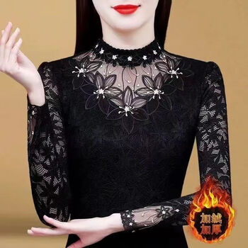 Dulan bottoming shirt women's long-sleeved autumn and winter new style foreign style plus velvet thickening with mesh half turtleneck outer lace shirt trendy black plus velvet m