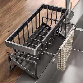 Kunfeng kitchen rack sink side rag drain basket wash basin sink sponge brush scouring pad countertop storage rack gun gray without towel bar