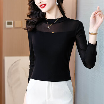 Orchid mesh bottoming shirt for women with long sleeves 2025 autumn and winter new product basic versatile slimming slim lace top for women black regular xl suitable for 110-120 pounds