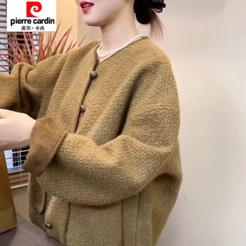Pierre cardin round neck fur one-piece woolen coat 2025 autumn and winter new style loose casual slimming sheepskin top khaki l recommended about 115-130 catties