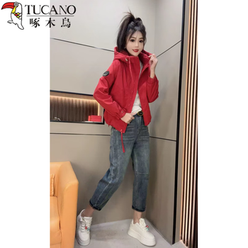 Woodpecker (tucano) 2025 new thin cotton jacket women's short hooded two-cotton jacket top fashionable and versatile red thin cotton m 100-125 catties