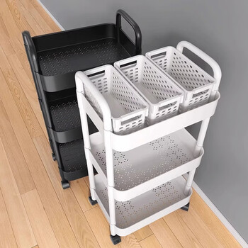 Kunfeng trolley storage rack multi-layer floor-standing kitchen snack living room storage rack removable bathroom bedroom storage rack 3-layer small size - white 25*18*50 without hooks with universal wheels + stickers
