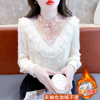 Ye zifeng (yezifeng) velvet and thickened bottoming shirt for women 2024 autumn and winter new chinese style improved tang suit inner layered top button-up shirt for women apricot (velvet and thickened) m