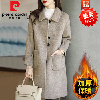 Pierre cardin 2025 winter new style medium-length thickened woolen coat women's large size mm loose noble fashion woolen coat apricot l 100-120 catties