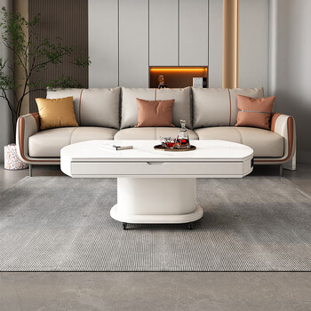 Shenglantu modern simple lift coffee table dining table all-in-one dual-purpose living room small apartment multifunctional slate coffee table telescopic and folding cream white cabinet + battery charging model