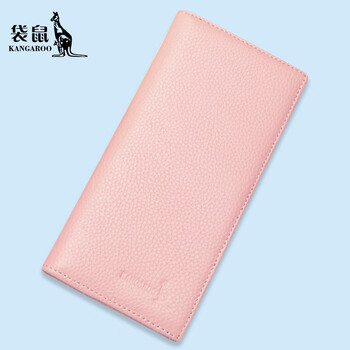Kangaroo women's wallet genuine leather long cowhide wallet card holder thin handbag multiple card slots hidden buckle zipper wallet large capacity pink