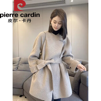 Pierre cardin korean double-sided woolen cashmere coat for women, mid-length, this year's popular autumn and winter woolen coat for small people, thick oatmeal color s 90kg-120kg