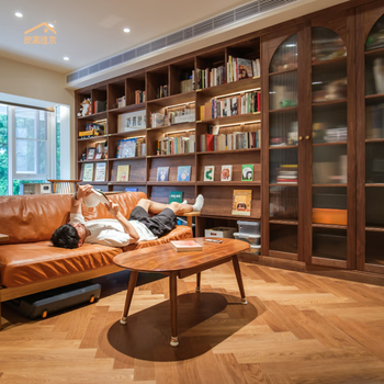 Liangqinjiamu danxia bookcase solid wood bookcase customized whole wall floor cabinet glass door display cabinet retro nanyang style storage cabinet black walnut with door/projection area