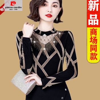 Pierre cardin (pierre cardin) spring and autumn half turtle collar lace new women's long-sleeved t-shirt for outer wear, temperament small shirt, bottoming shirt, loose to cover the belly, black, no velvet, l, recommended 90-110 pounds