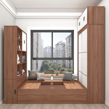 Pingzi set tatami wardrobe integrated bed bedroom furniture storage bookcase wardrobe bed box enf grade paint-free board customization embossed walnut color 1.5m tatami + bookshelf cabinet + wardrobe