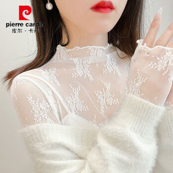 Pierre cardin lace bottoming shirt for women, thin, stylish, white fungus-edged half-high collar, velvet, autumn and winter inner shirt, mesh top, white - leaves l