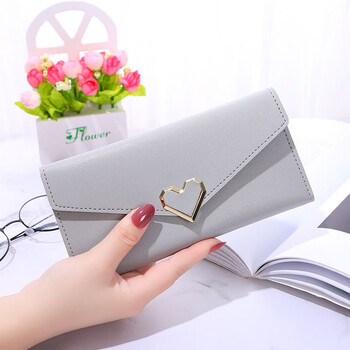 2022 new plain heart-shaped wallet women's long multi-card slot buckle mobile phone women's wallet women's long wallet gray