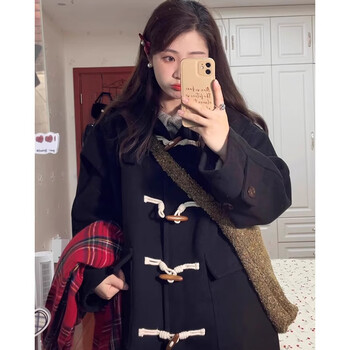 Miao yijia horn button woolen coat women's woolen black coat mid-length small women's autumn and winter new style horn button hooded woolen coat black m recommended within 105 catties