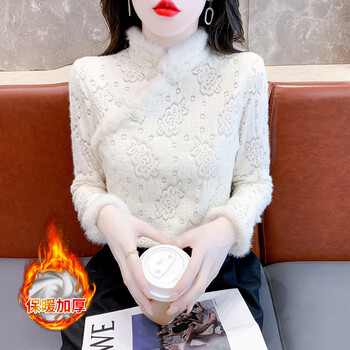 Ye zifeng (yezifeng) velvet and thickened bottoming shirt for women 2025 autumn and winter new style new chinese style national style buttoned lace inner wear chic shirt off-white (velvet and thickened) s