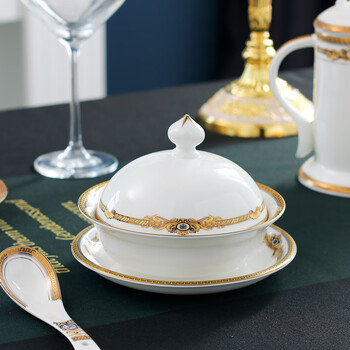 Pinjude bone china bird's nest stew pot for home use with gold rim and water-proof lid for stew european tableware, microwaveable european steamed egg soup for desserts babylon feast bone china bucket hat stew pot