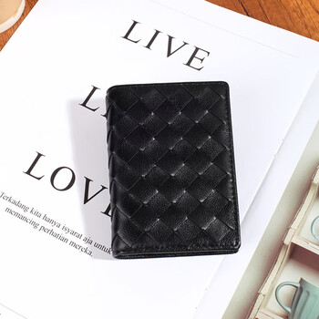 Vuniqson brand wallet women's genuine leather hand-woven sheepskin bag driver's id bag versatile short coin purse high-end black-made of sheepskin (hand-woven)