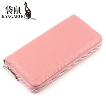 Kangaroo (kangaroo) new genuine leather women's long wallet men's cowhide long clutch wallet large capacity business handbag first layer cowhide pink