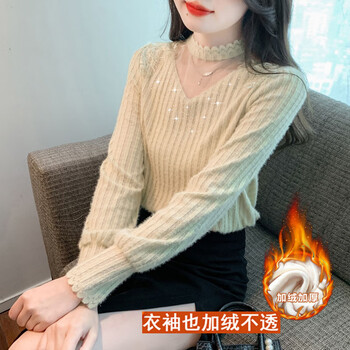 Ye zifeng (yezifeng) velvet and thickened bottoming shirt for women 2025 autumn and winter new style inner lace mesh hollow air-quality long-sleeved shirt khaki (velvet and thickened) xl