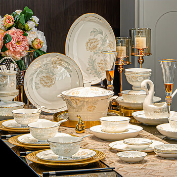 Red peony jingdezhen tableware set european-style gold-inlaid dishes set household ceramic plates bowls and chopsticks set gift porcelain 60 flowers blooming in a season gold-painted round gift box packaging