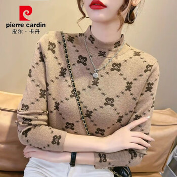 Pierre cardin double-sided german velvet bottoming shirt thickened t-shirt long sleeve women's spring and autumn half turtle collar western style warm slim fit top trendy khaki bear thickened l recommended 100-115 catties