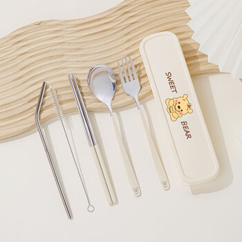 Yeyu 304 stainless steel spoon, chopsticks and fork portable tableware set three-piece set for office workers and students steel 304# cream series #portable lunch box spoon+fork+chopstick+straw