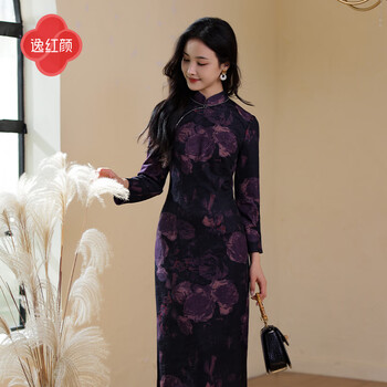 E.beauty rose rain 2025 spring new arrival knitted jacquard long sleeve cheongsam with low slits on both sides rose purple m