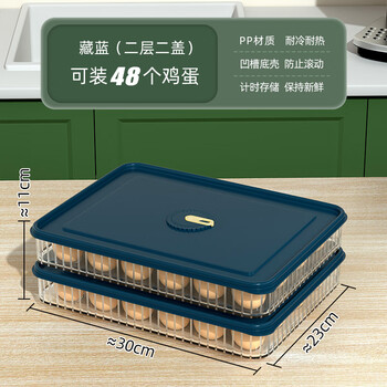 Rsrddy egg storage box fresh-keeping box storage and organization egg rack holder navy blue two layers and two lids can hold 48 eggs