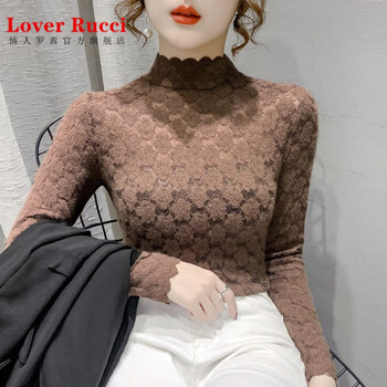 Lover rucci brushed lace bottoming shirt for women 2025 autumn and winter new style plus velvet high-end western style inner shirt long-sleeved mesh top brown 3xl