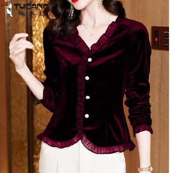 Woodpecker (tucano) golden velvet bottoming shirt with v-neck long-sleeved spring and autumn top for women to wear as outerwear, fashionable and fashionable autumn clothes for mothers, trendy burgundy size 2xl, recommended 115-130 pounds