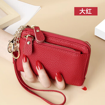 Small wallet, women's coin purse, women's compact coin purse, women's genuine leather wallet, card holder, zipper wallet, first layer cowhide, bright red