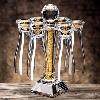Duoli gold foil crystal glass juice cup, beer glass, milk cup, large capacity beer glass, with rack for restaurants, 6 hanging rotating cup holders + 6 gold foil beer cups