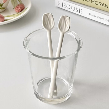 Yukdadi spoon ceramic coffee spoon long handle spoon household exquisite spoon dessert cute small milk tea round spoon 14.2cm tulip 2 coffee spoons thickened