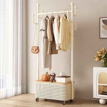 Wooden bottle cover coat rack bedroom clothes rack floor-standing single pole movable home living room multi-functional wheeled clothes drying rack 63cm white rack + wood grain cover