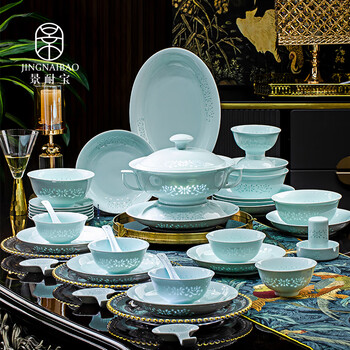 Jinnaibao jingdezhen bowls, plates and tableware set, authentic high white clay ceramic bowls and plates, underglaze wrapped branches and exquisite green glaze, housewarming gift, celadon wrapped branches and exquisite 80 pieces