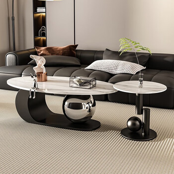 Yudianguan cream style creative coffee table living room household oval tea table light luxury modern coffee table table french tea table side table combination black and white combination 120+50 (snow mountain white slate)
