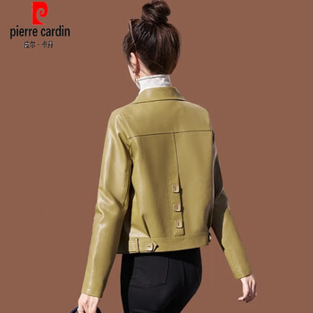 Pierre cardin haining pu leather jacket women's short 2025 new spring and autumn style fashionable slim motorcycle sheepskin jacket lemon yellow m recommended 95-105 pounds