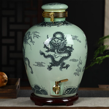 Porcelain yun jingdezhen ceramic wine jar special wine bottle household sealed liquor jar wine pot medicinal wine container large wine tank dragon travels the world - 10 catties with faucet (green glaze)