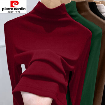 Pierre cardin double-sided german velvet half turtleneck bottoming shirt for women, autumn and winter new style plus velvet thickened mid-collar long-sleeved top, burgundy 2xl