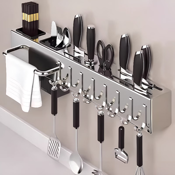 Nifeng stainless steel kitchen knife holder storage rack multi-functional hole-free wall-mounted knife kitchen knife chopstick cage chopstick storage rack stainless steel 30cm + single cup (free 4 hooks + hanging rod)