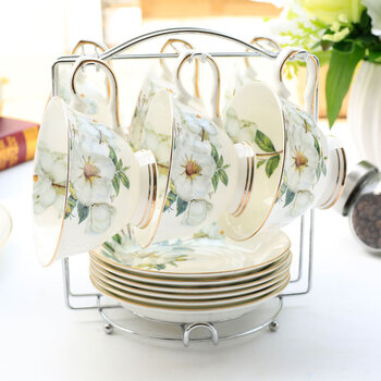 Ruihe bone china coffee cup set, ceramic water cup, light luxury women's cup, living room tea drinking mug, exquisite tea set, kapok 6 cups, 6 saucers, 6 spoons with cup holder, ordinary package, free same flower basket 220ml