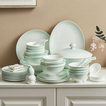 Bowei (bw) jingdezhen chinese dishes and tableware set for 10 people, gradient green, suitable for 8-10 people, 60 pieces