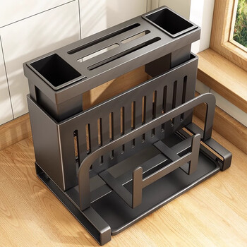 Youqin stainless steel kitchen knife rack storage rack countertop cutting board rack kitchen knife and chopstick cage integrated cutting board knife storage rack carbon steel countertop model - black double chopstick barrel + drain tray