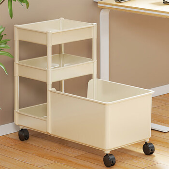 Deskside storage cabinet, bag organizer, layered trolley under desk, book storage rack, bag storage artifact, cream white - three layers