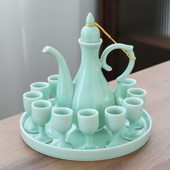 Uhfv chinese longquan celadon wine set, palace ceramic wine dispenser, household wine cup, antique warm wine jug, white tall toast cup, 1 pot, 10 cups with plate (plum green) simple package