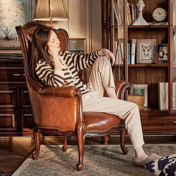 Qimeishu american luxury retro boss chair all solid wood leather leisure chair sofa chair study arm chair cowhide single sofa leisure sofa chair